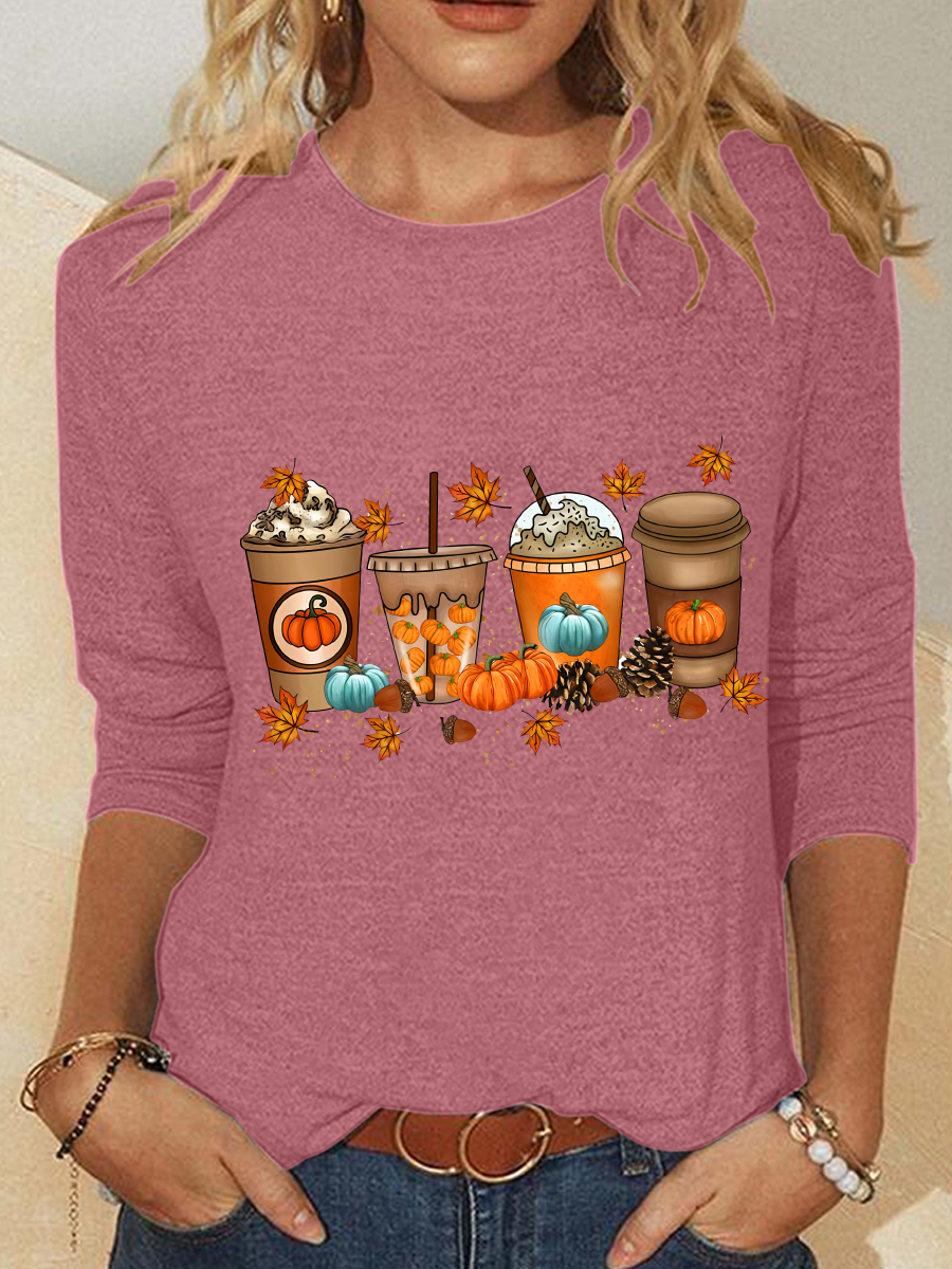 Halloween Pumpkin Print Crew Neck Long Sleeve Loose Blouse For Women