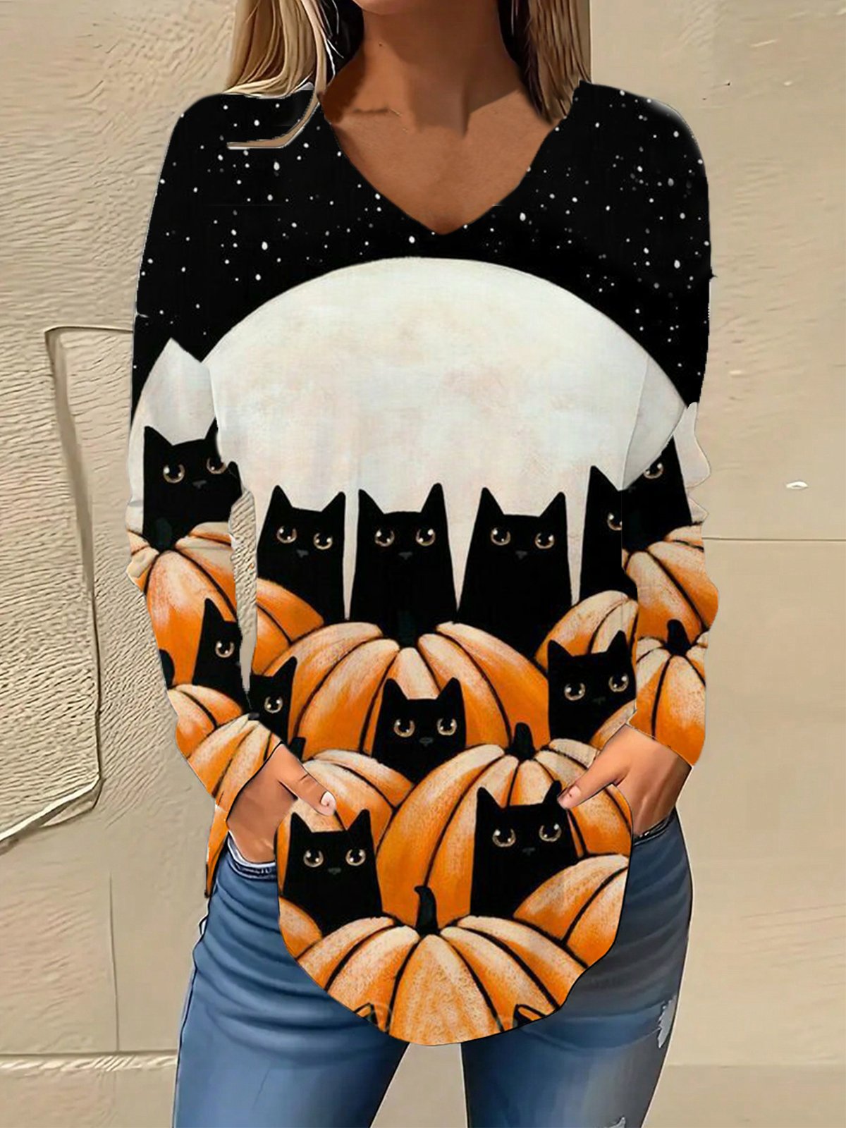 V Neck Long Sleeve Halloween Regular Micro-Elasticity Loose Blouse For Women