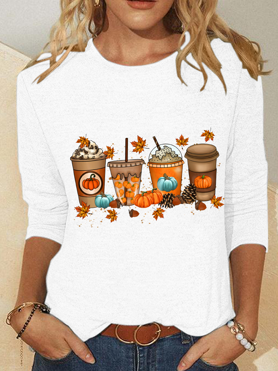 Halloween Pumpkin Print Crew Neck Long Sleeve Loose Blouse For Women