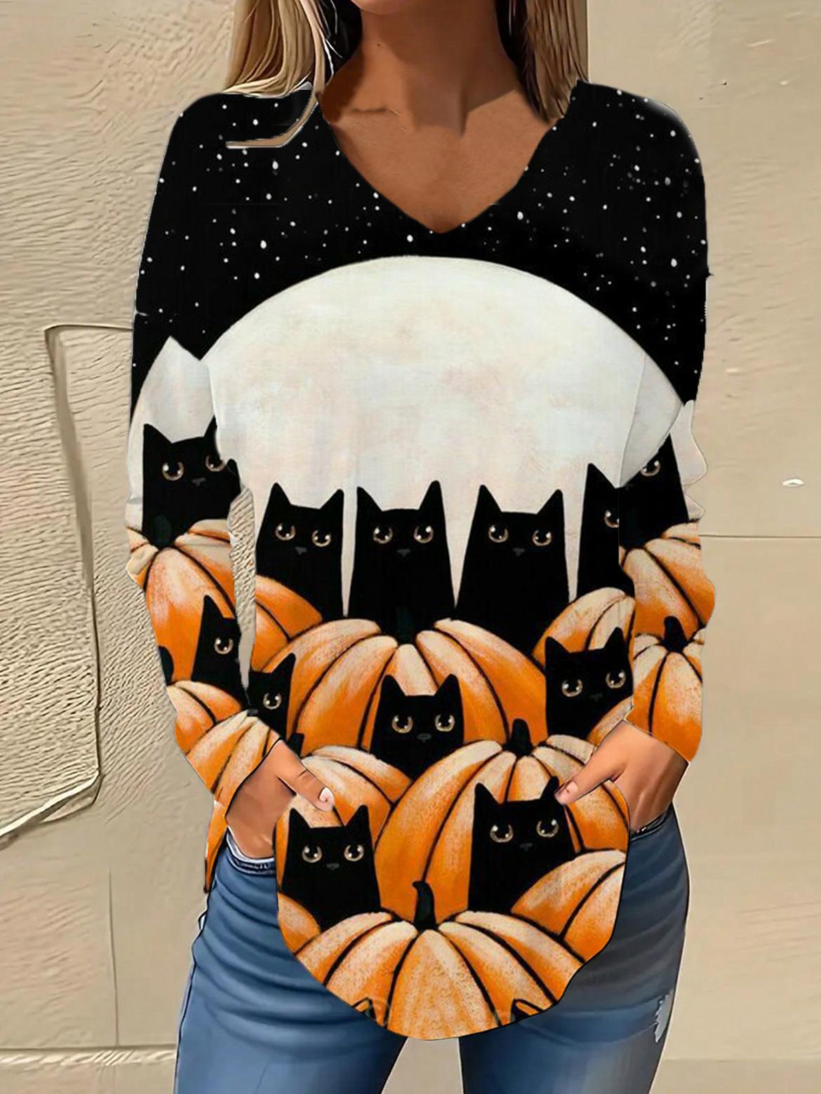 V Neck Long Sleeve Halloween Regular Micro-Elasticity Loose Blouse For Women