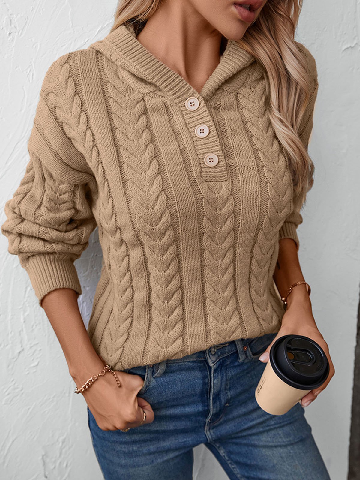 Women Yarn/Wool Yarn Plain Long Sleeve Comfy Casual Buckle Sweater