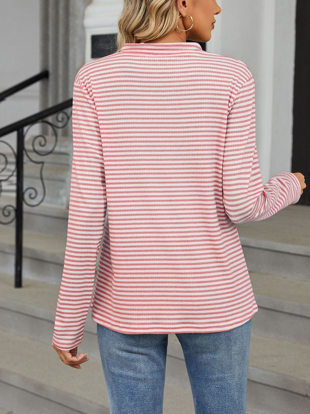 V Neck Long Sleeve Striped Lace Regular Micro-Elasticity Loose Blouse For Women