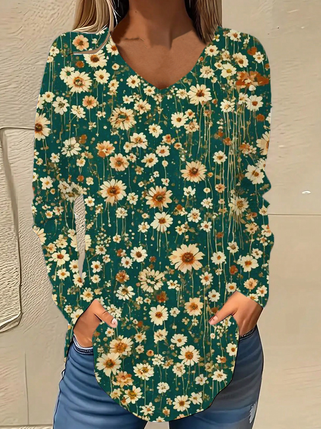 V Neck Long Sleeve Floral Regular Micro-Elasticity Loose Blouse For Women