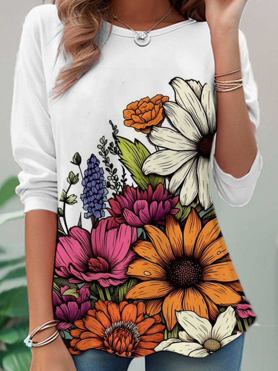 Casual Floral Crew Neck Long Sleeve T-shirt