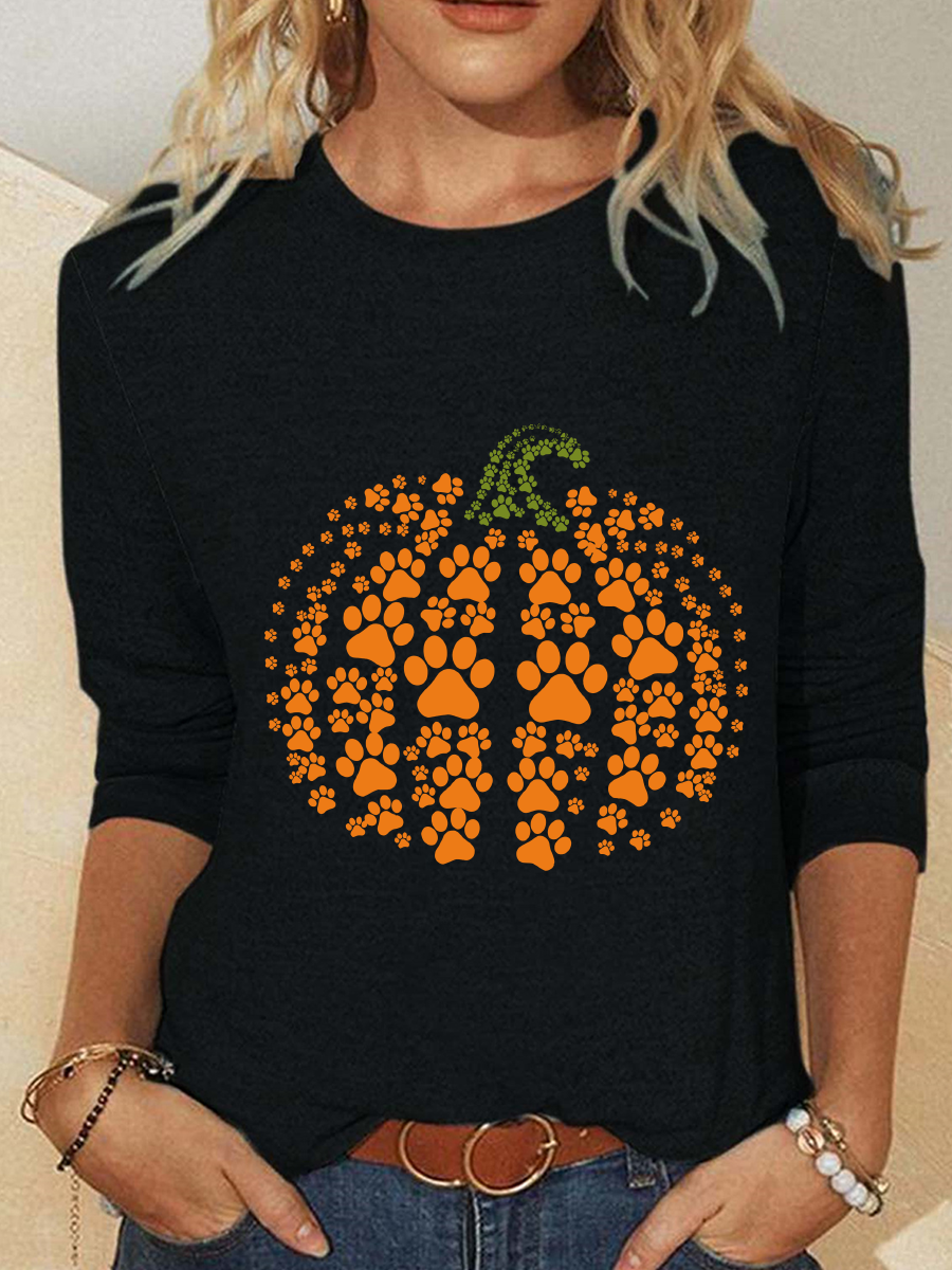 Halloween Crew Neck Long Sleeve Pumpkin Print Loose Blouse For Women