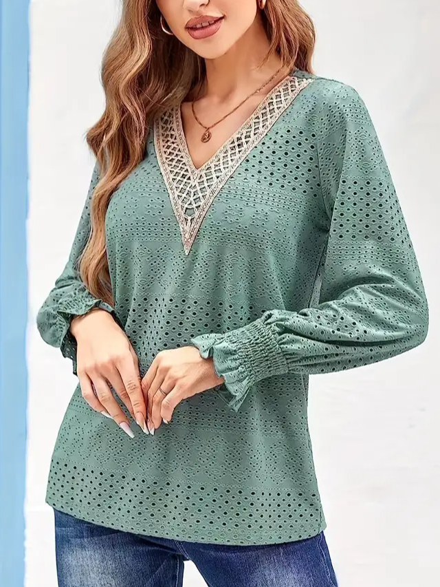 V Neck Long Sleeve Plain Lace Regular Micro-Elasticity Loose Blouse For Women