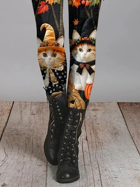 Halloween Casual Cute Cat Print Long Leggings