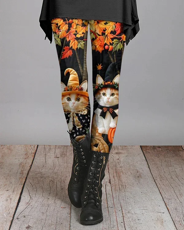 Halloween Casual Cute Cat Print Long Leggings