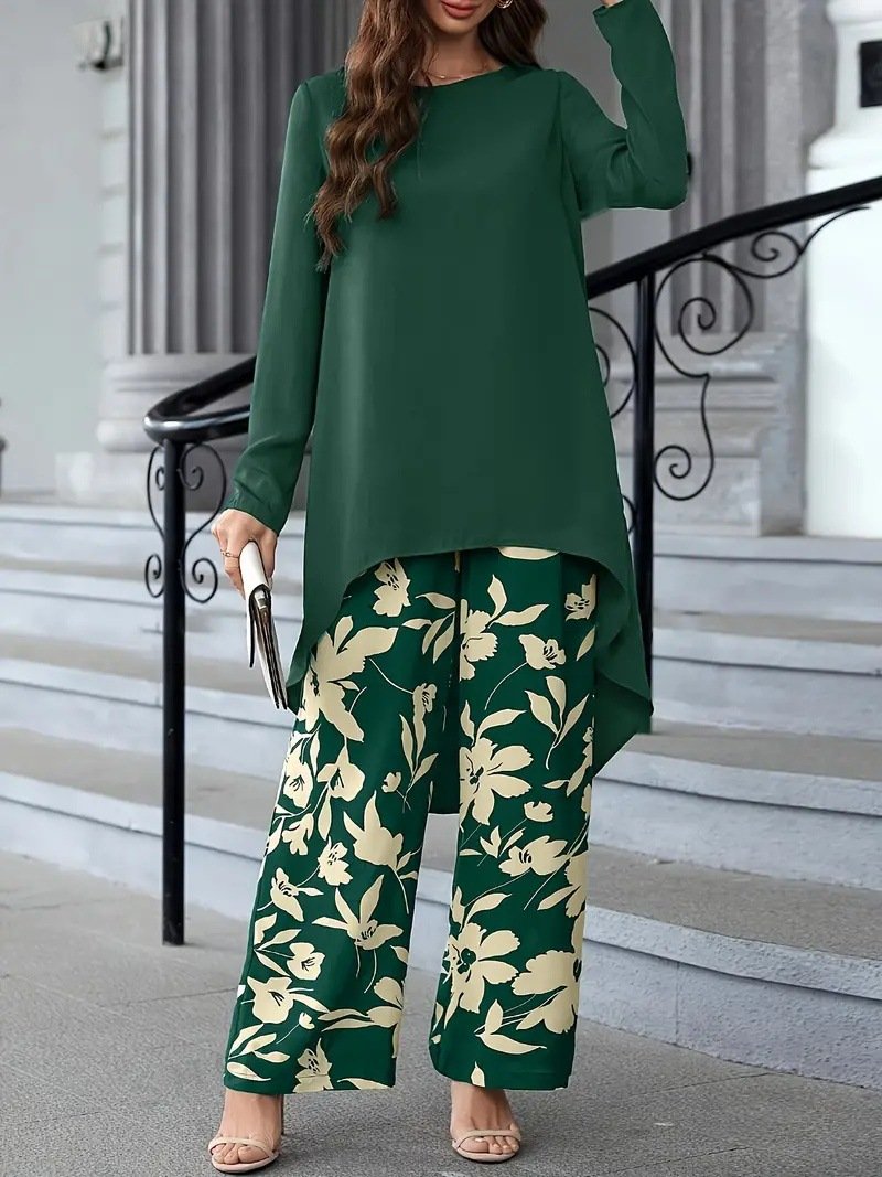 Women Floral Crew Neck Long Sleeve Comfy Casual Top With Pants Two-Piece Set