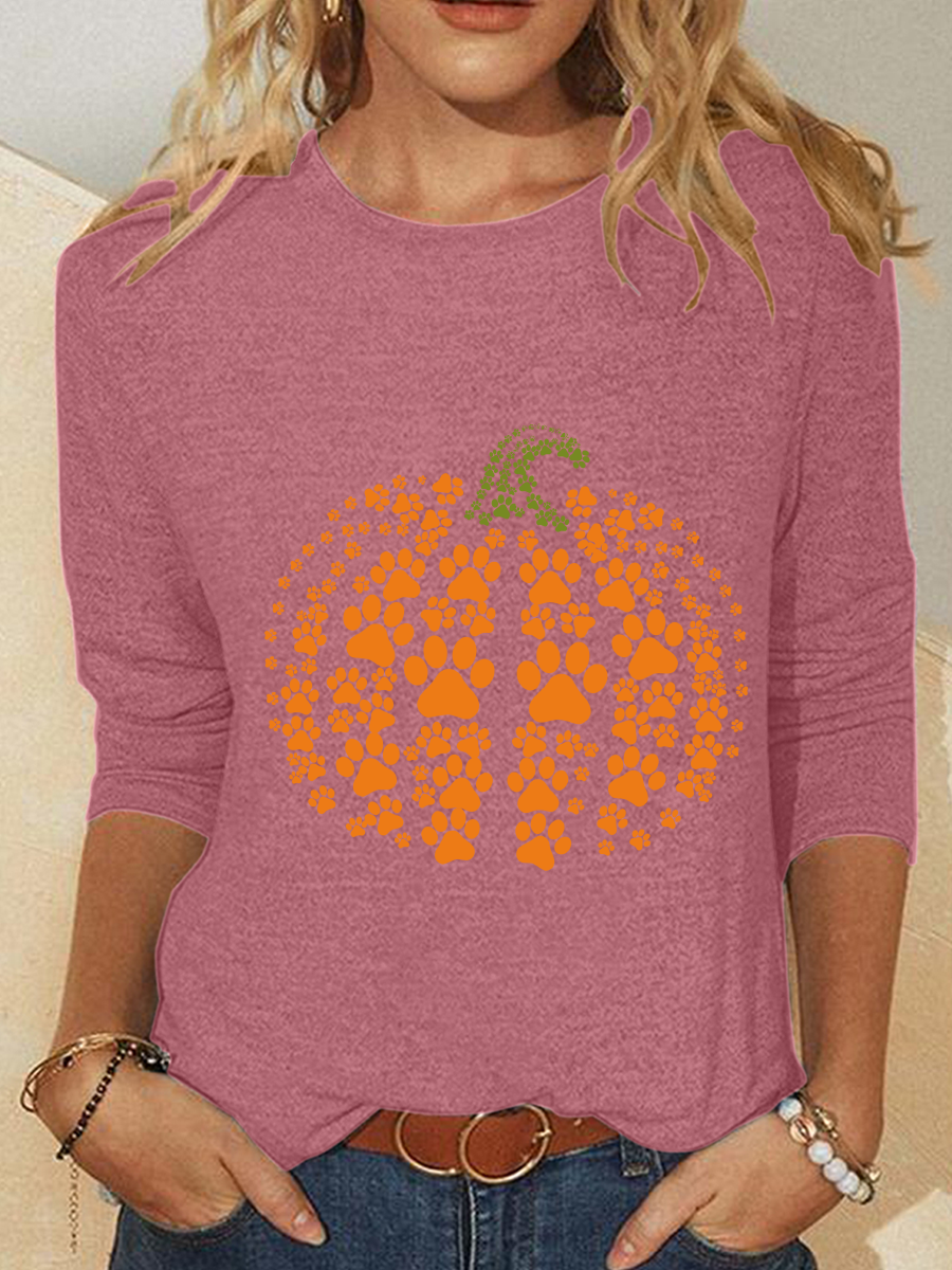 Halloween Crew Neck Long Sleeve Pumpkin Print Loose Blouse For Women