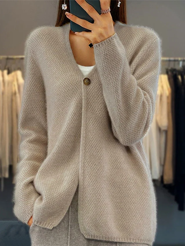 Women Yarn/Wool Yarn Plain Long Sleeve Comfy Casual Cardigan