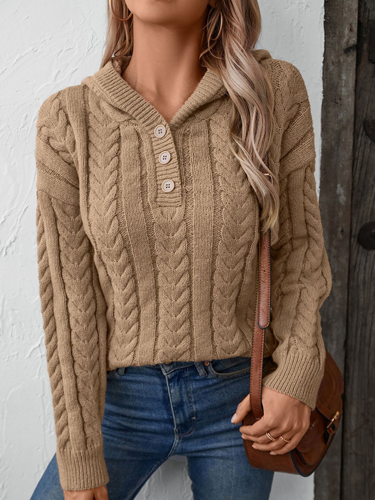 Women Yarn/Wool Yarn Plain Long Sleeve Comfy Casual Buckle Sweater