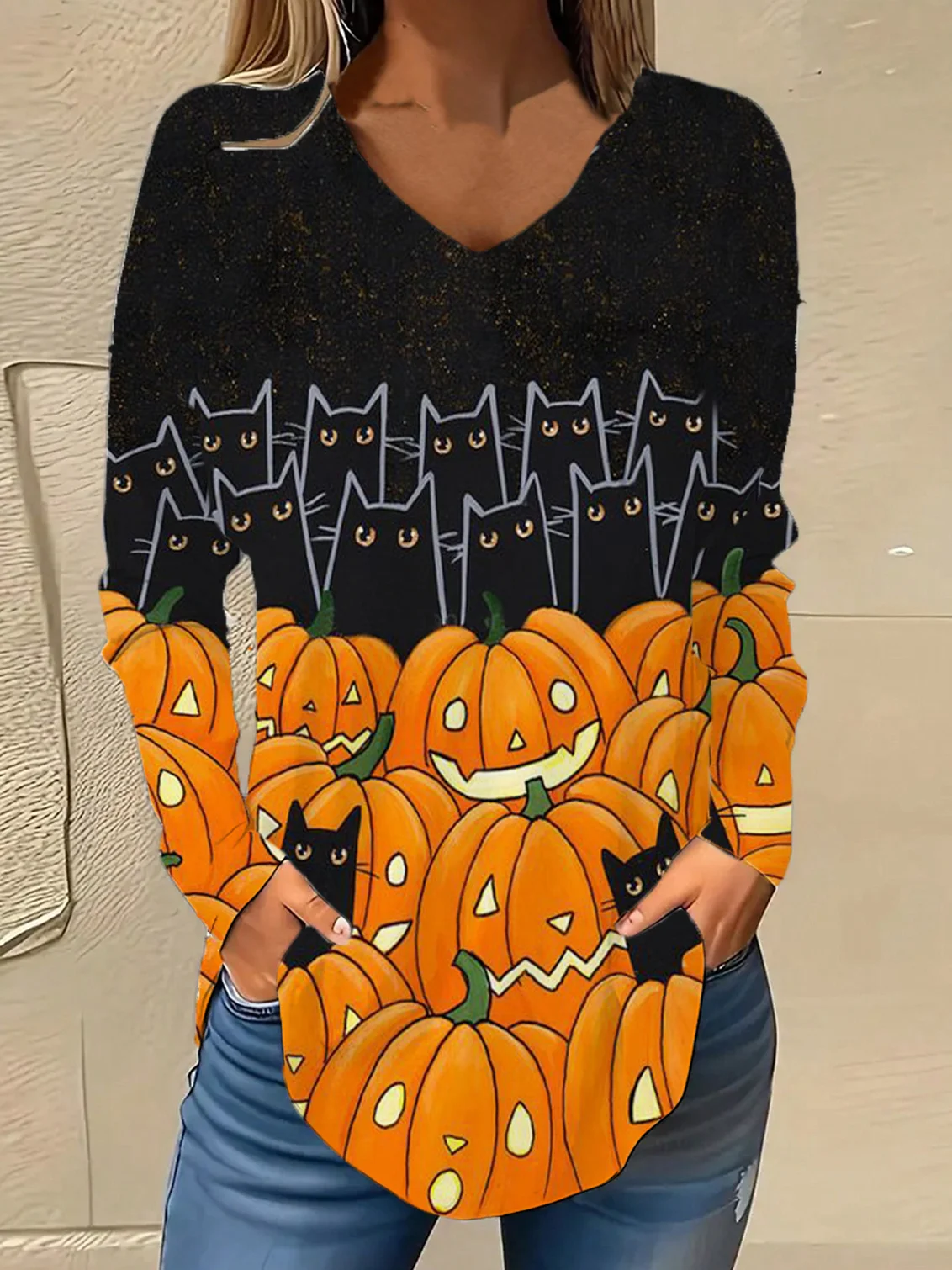 V Neck Long Sleeve Halloween Regular Micro-Elasticity Loose Blouse For Women