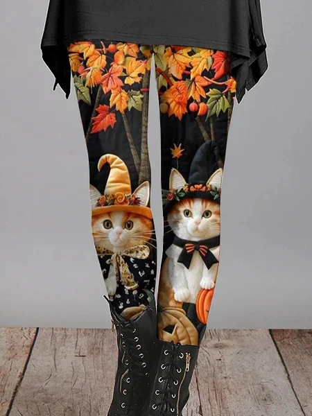 Halloween Casual Cute Cat Print Long Leggings