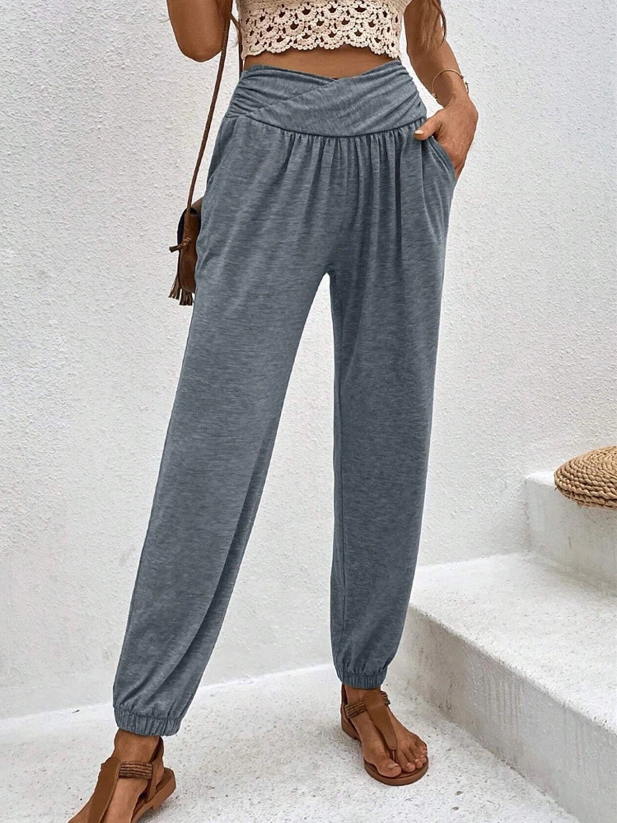 Casual Plain Long Elastic Waist Pant