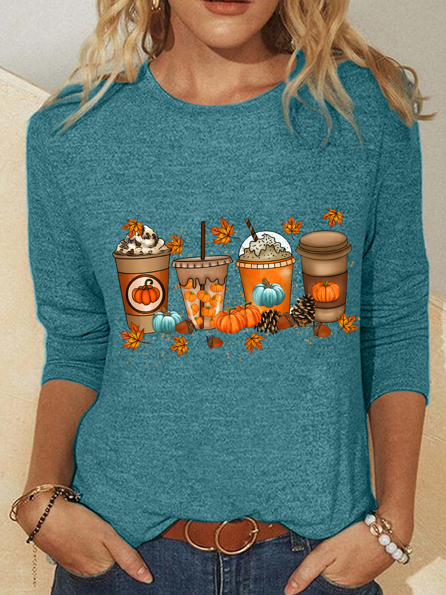 Halloween Pumpkin Print Crew Neck Long Sleeve Loose Blouse For Women