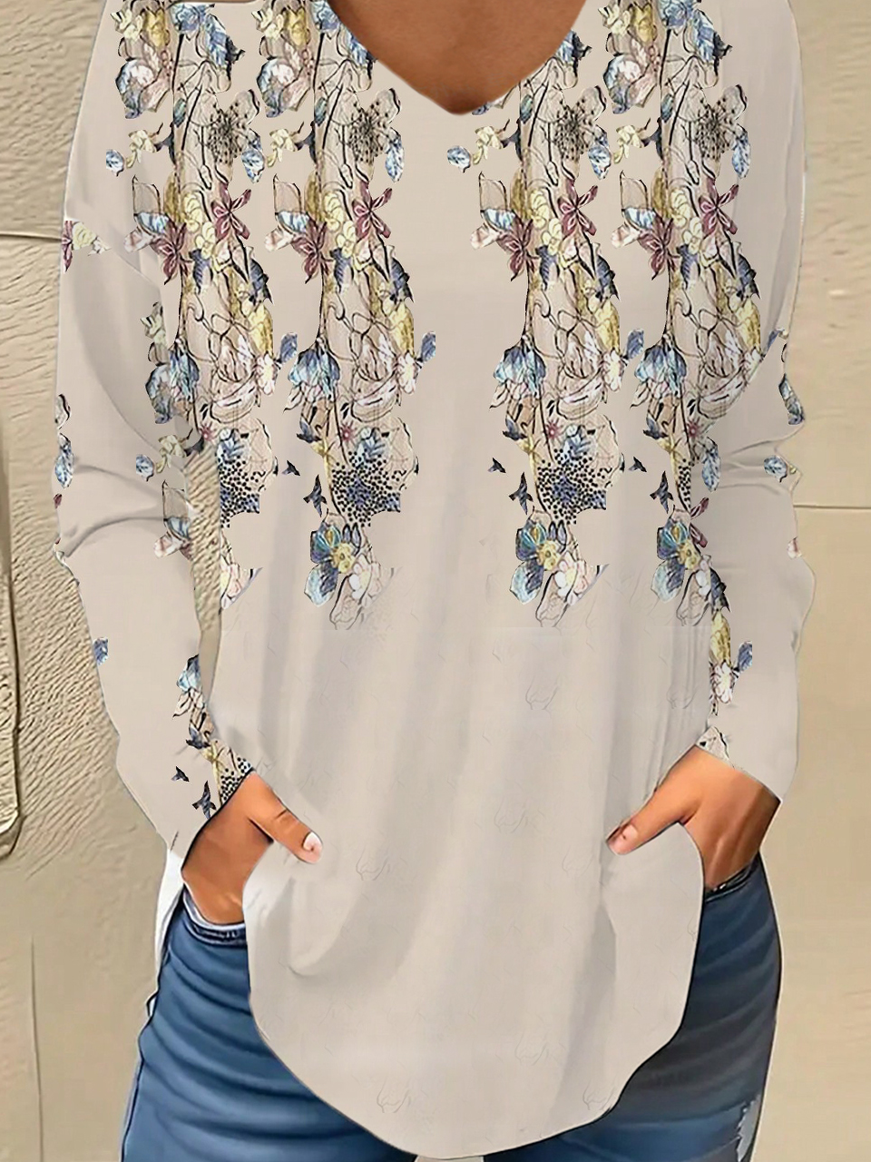 V Neck Long Sleeve Floral Regular Micro-Elasticity Loose Blouse For Women