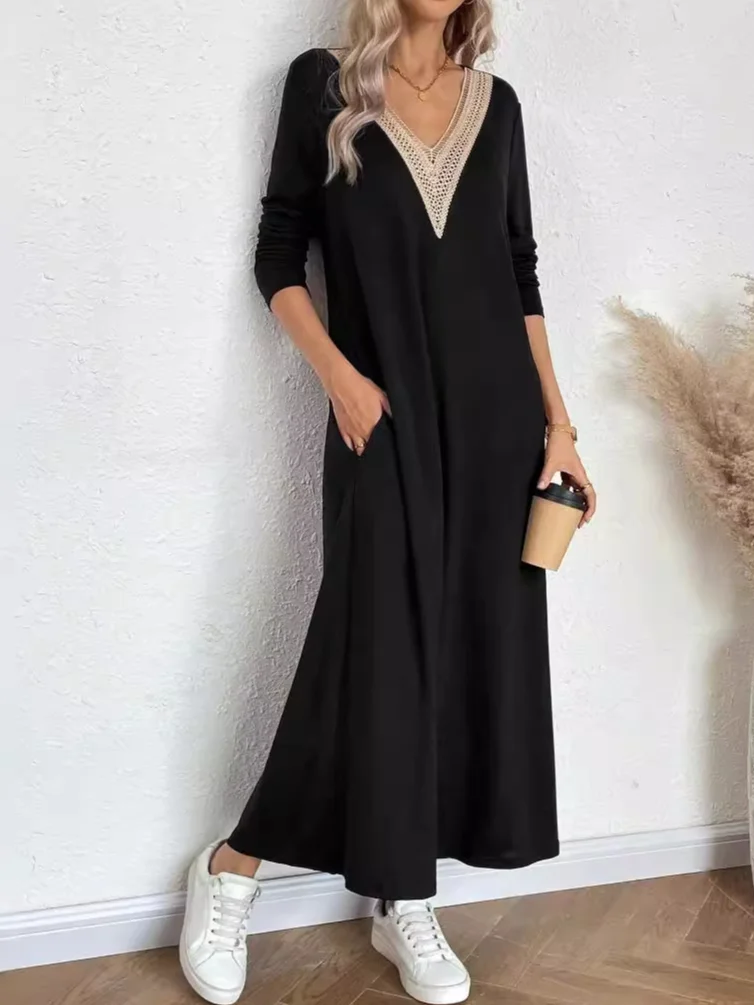 Women Plain Long Sleeve Comfy Casual Lace Maxi Dress