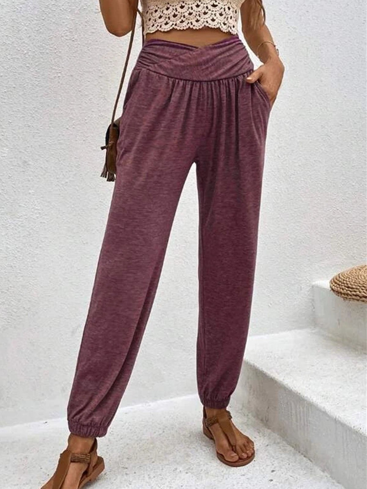 Casual Plain Long Elastic Waist Pant