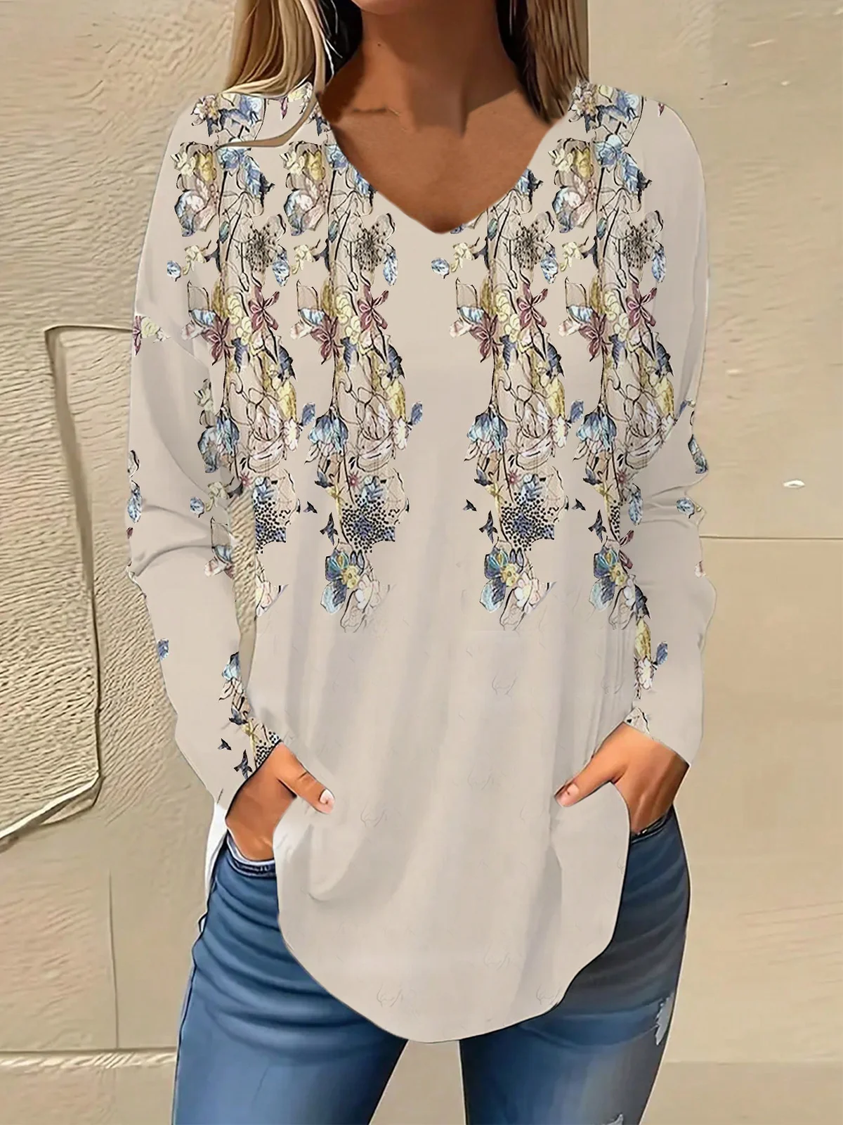 V Neck Long Sleeve Floral Regular Micro-Elasticity Loose Blouse For Women