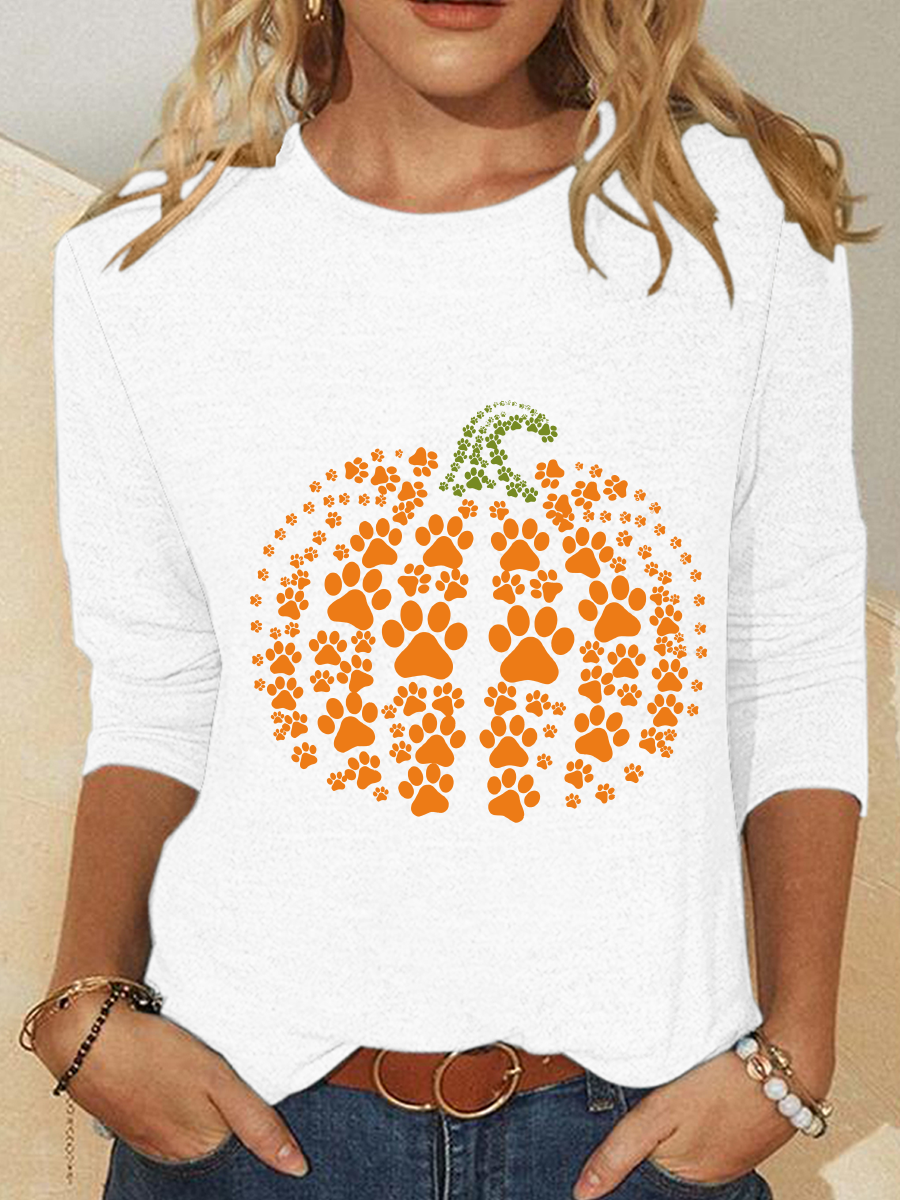 Halloween Crew Neck Long Sleeve Pumpkin Print Loose Blouse For Women