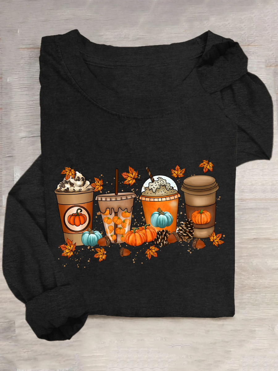 Halloween Pumpkin Print Crew Neck Long Sleeve Loose Blouse For Women