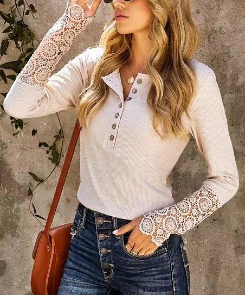 Crew Neck Long Sleeve Plain Lace Regular Micro-Elasticity Loose Blouse For Women