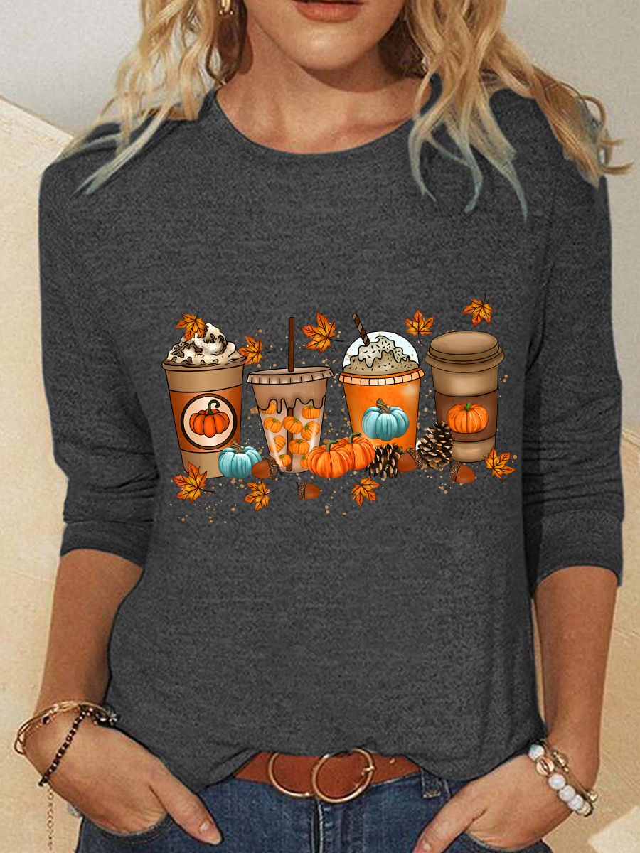 Halloween Pumpkin Print Crew Neck Long Sleeve Loose Blouse For Women