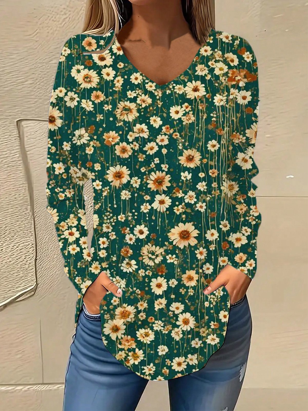 V Neck Long Sleeve Floral Regular Micro-Elasticity Loose Blouse For Women