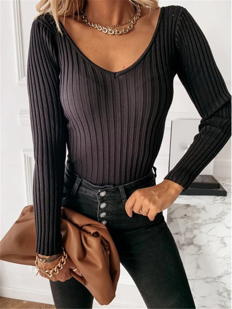 V Neck Long Sleeve Plain Lace Regular Micro-Elasticity Loose Blouse For Women