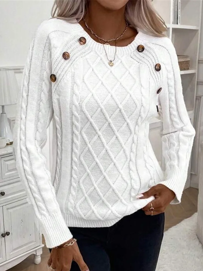 Women Yarn/Wool Yarn Plain Long Sleeve Comfy Casual Buckle Sweater