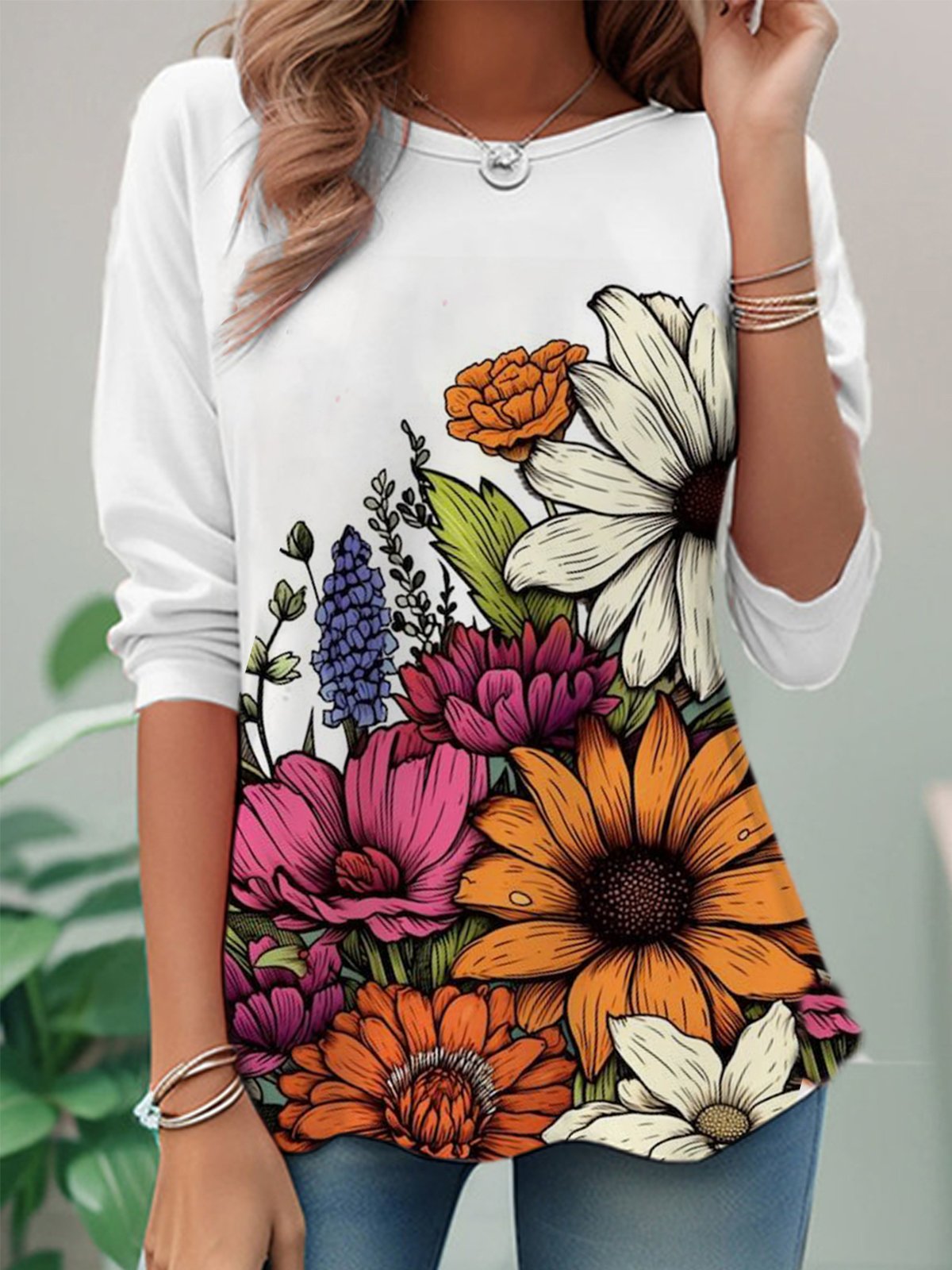 Casual Floral Crew Neck Long Sleeve T-shirt