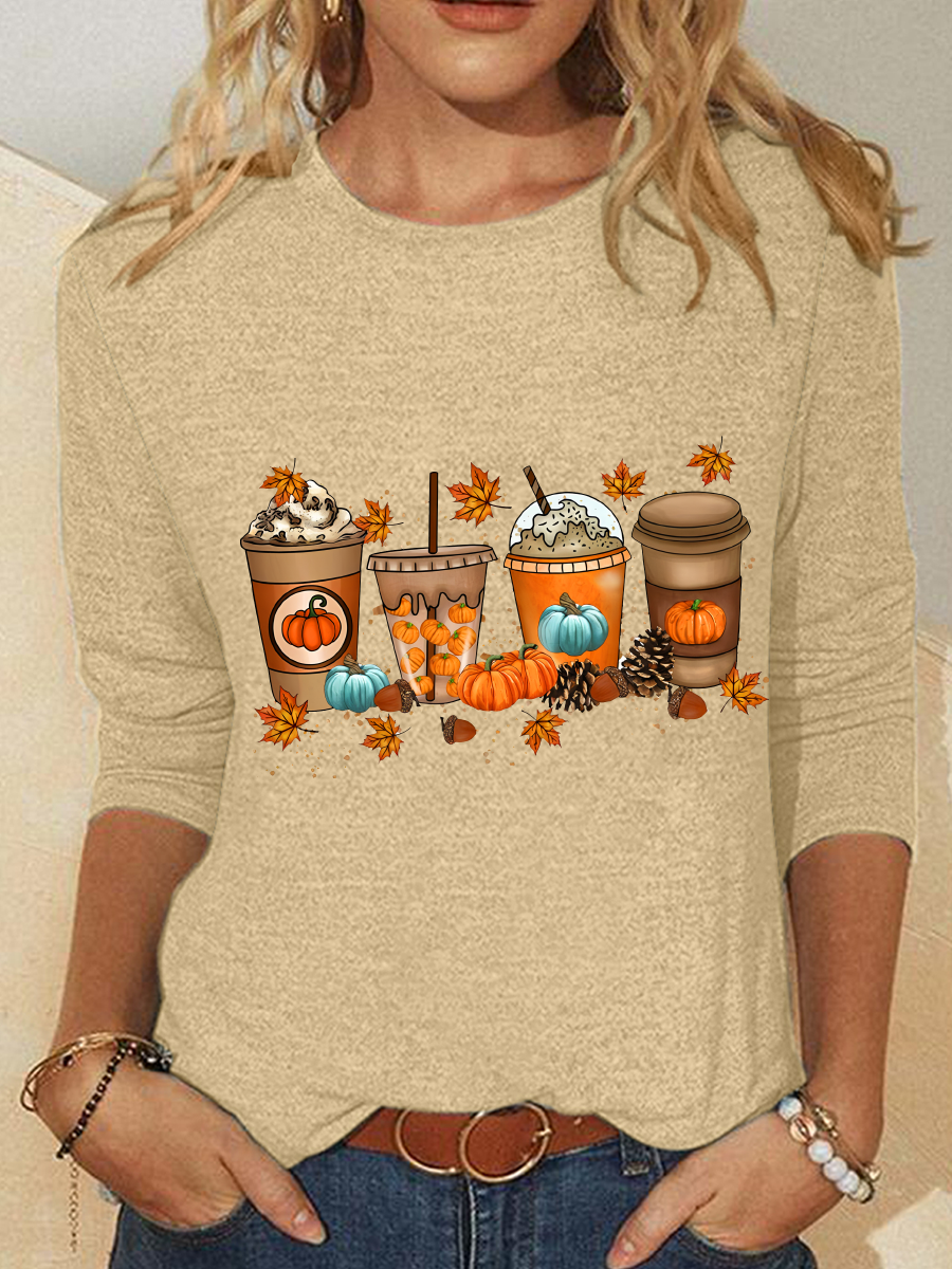 Halloween Pumpkin Print Crew Neck Long Sleeve Loose Blouse For Women