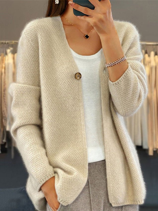 Women Yarn/Wool Yarn Plain Long Sleeve Comfy Casual Cardigan