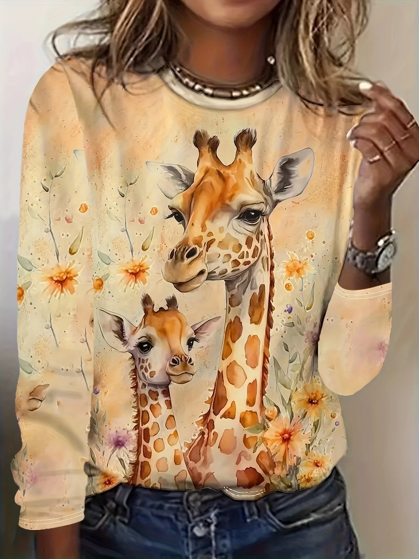 Casual Cute Deers Crew Neck Long Sleeve T-shirt