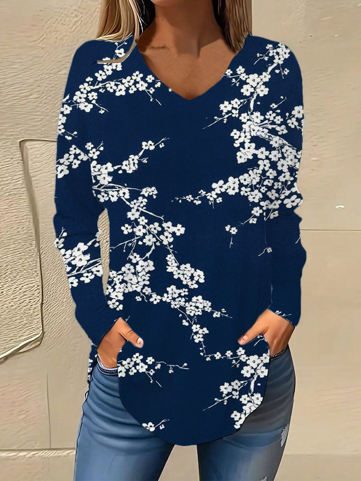 V Neck Long Sleeve Floral Regular Micro-Elasticity Loose Blouse For Women