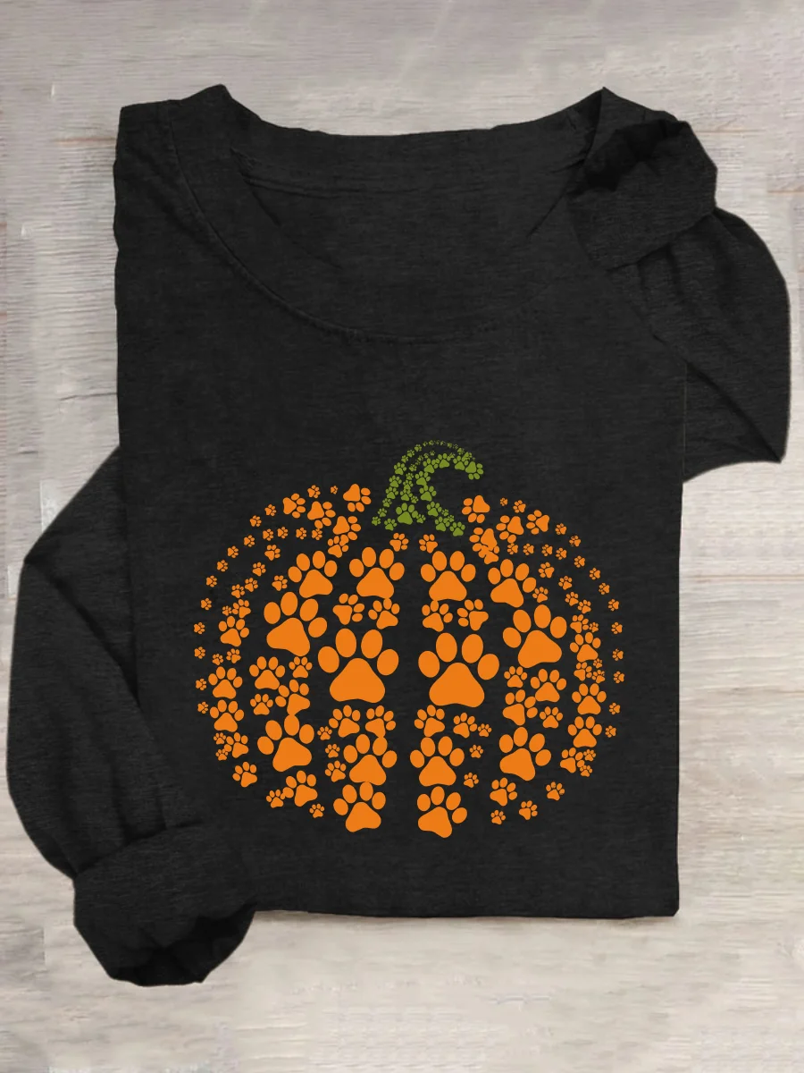 Halloween Crew Neck Long Sleeve Pumpkin Print Loose Blouse For Women