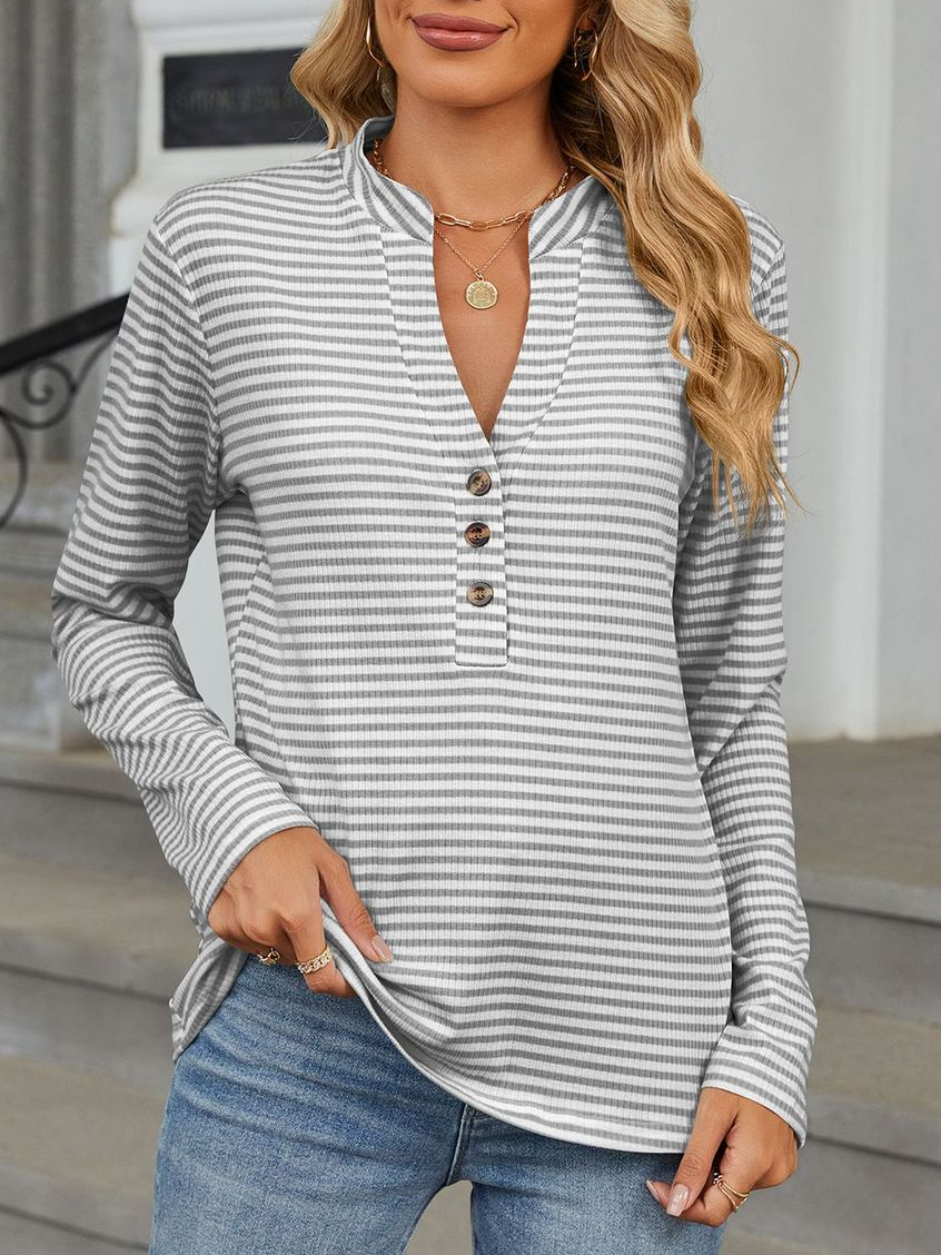 V Neck Long Sleeve Striped Lace Regular Micro-Elasticity Loose Blouse For Women