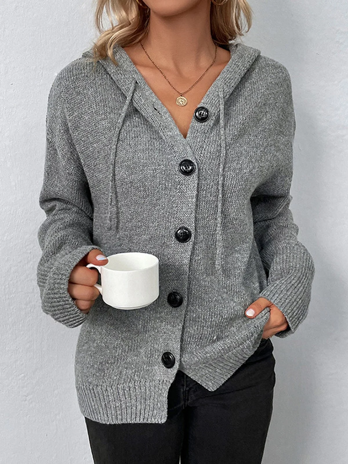 Women Yarn/Wool Yarn Plain Long Sleeve Comfy Casual Buckle Cardigan