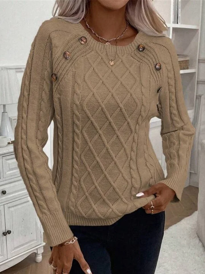 Women Yarn/Wool Yarn Plain Long Sleeve Comfy Casual Buckle Sweater