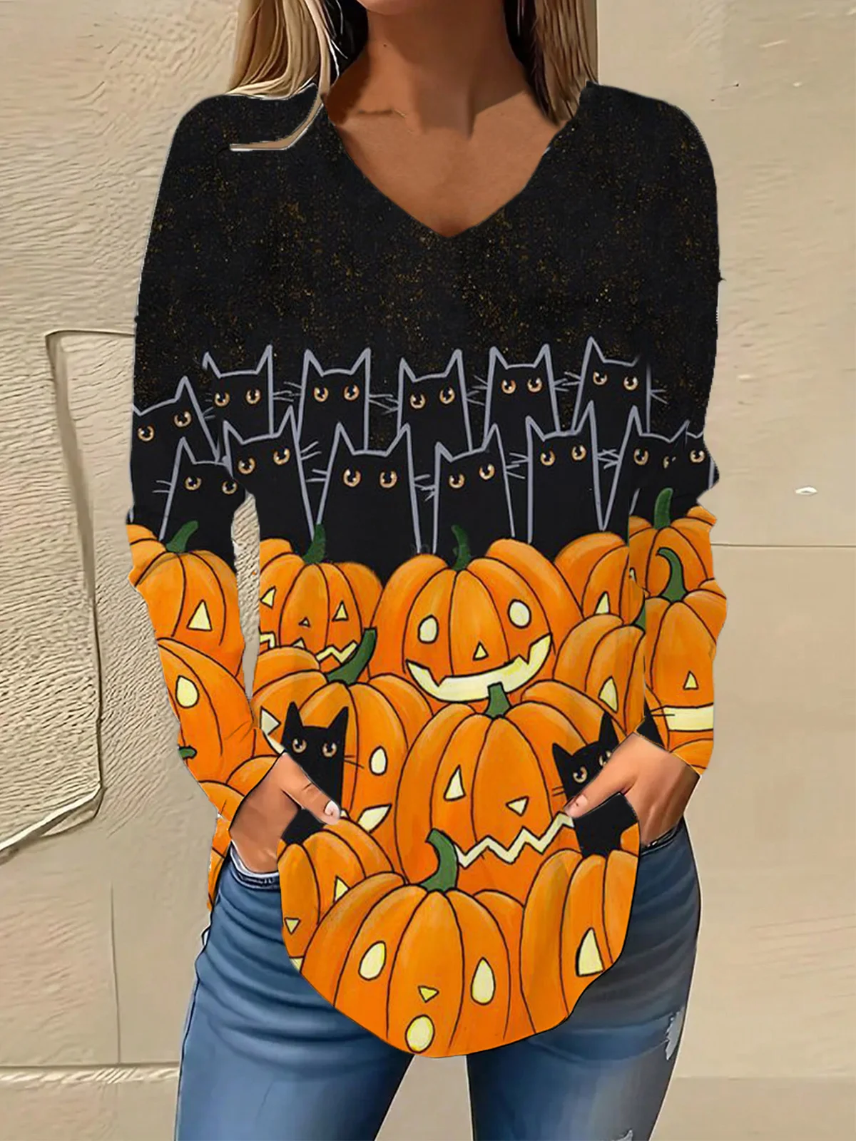 V Neck Long Sleeve Halloween Regular Micro-Elasticity Loose Blouse For Women