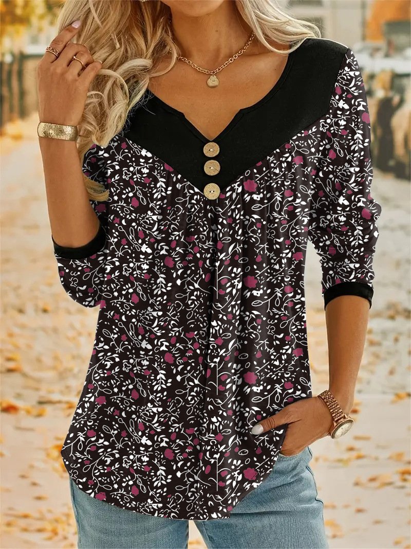 Notched Long Sleeve Floral Lace Regular Micro-Elasticity Loose Blouse For Women