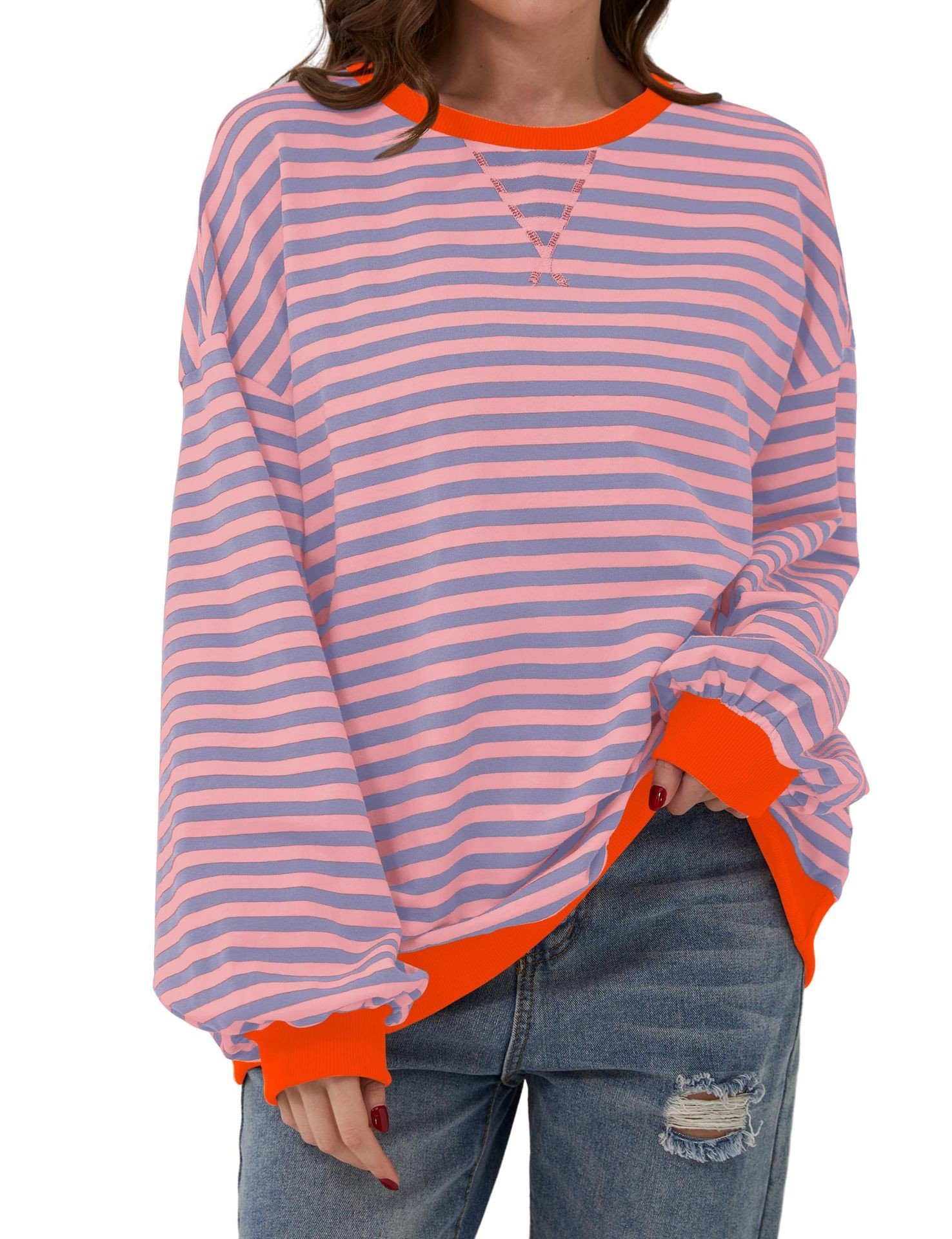 Casual Crew Neck Striped Sweatshirt