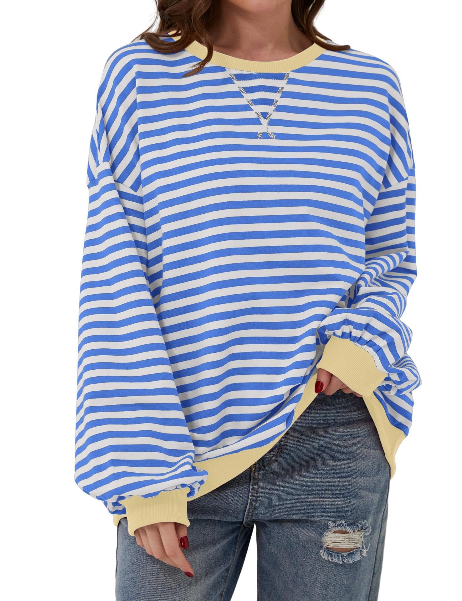 Casual Crew Neck Striped Sweatshirt