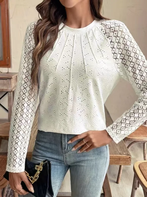 Crew Neck Long Sleeve Plain Lace Regular Micro-Elasticity Loose Blouse For Women