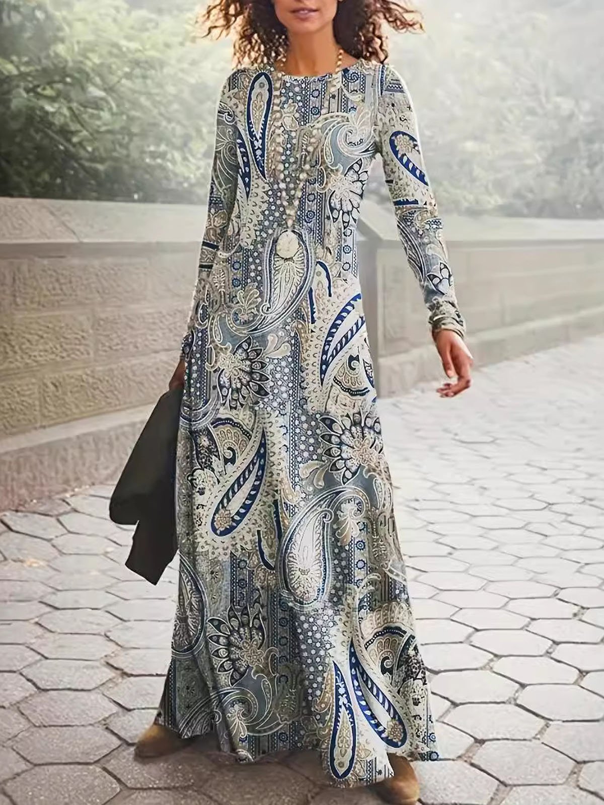 Women Ethnic Crew Neck Long Sleeve Comfy Casual Maxi Dress