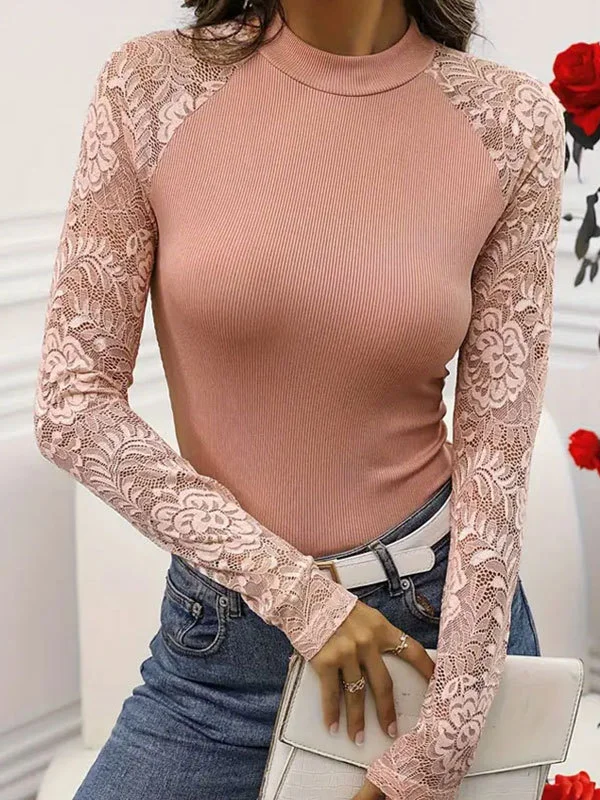 Turtleneck Long Sleeve Plain Lace Regular Micro-Elasticity Loose Blouse For Women