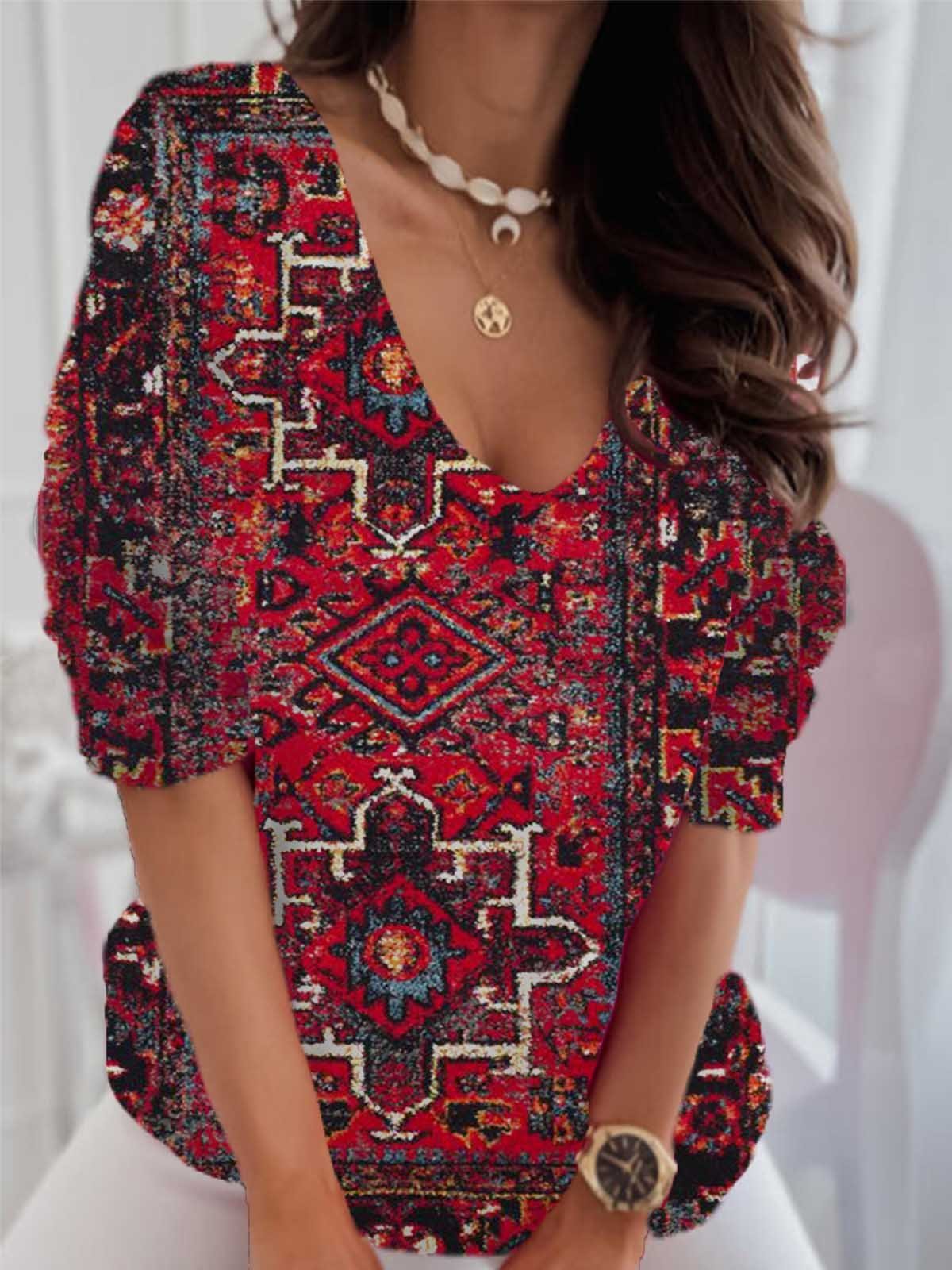 Casual Ethnic V Neck Long Sleeve T-shirt