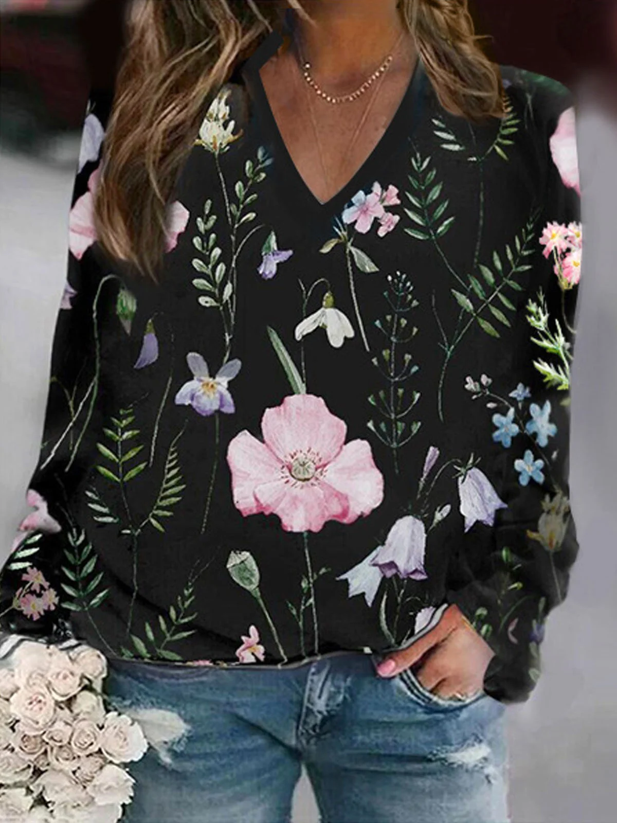 Casual V Neck Floral Sweatshirt