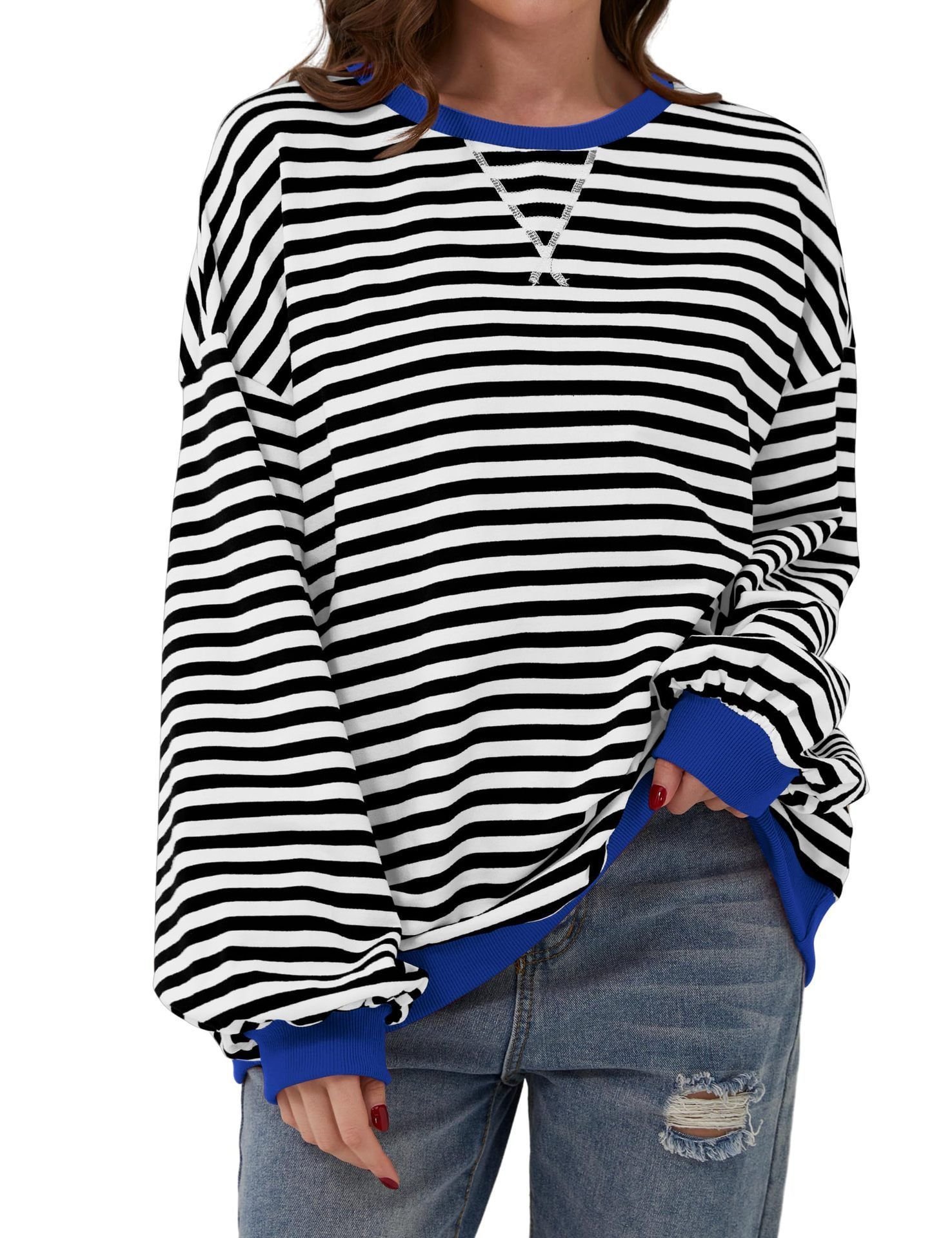 Casual Crew Neck Striped Sweatshirt